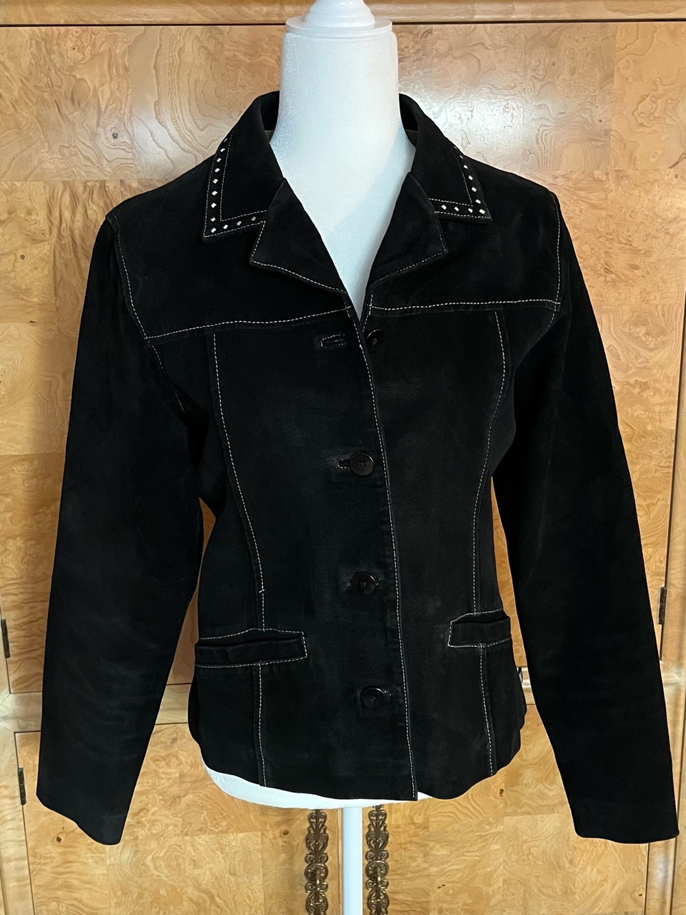 Rusty Black Suede Stud-Geometric Embroidered Stitch Blazer Jacket